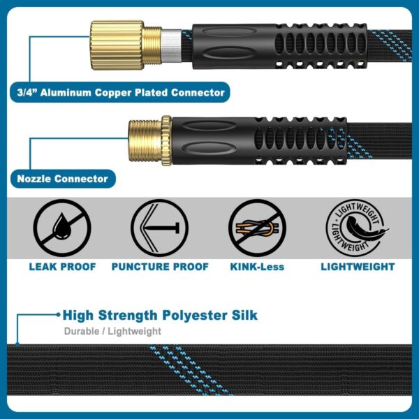 Garden Hose 50ft, Non-Expandable Lightweight & Flexible Water Hose, with 10-Pattern Spray Nozzle, Leak-Proof 3/4" Solid Brass Alloy Connector Fittings, Durable, Flexible and Kink-Free