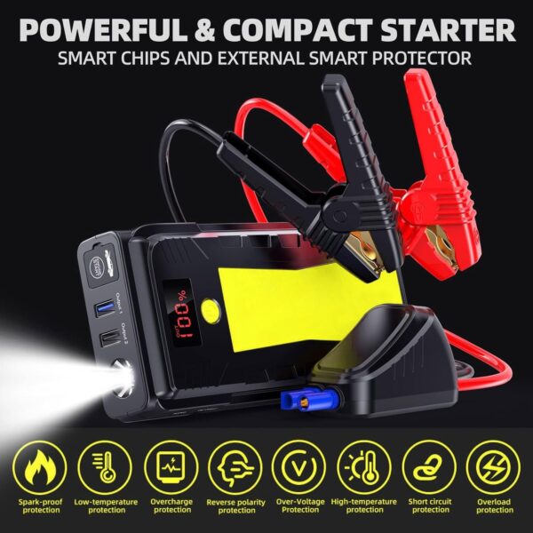 BIZEWO Car Battery Jump Starter 2000A Jump Box (8.0L Gas/6.5L Diesel) - Foldable Warning Triangle Portable Car Jump Starter - 12V Jumper Starter with Safety Jumper Cables, Fast Charge, Gifts for Men