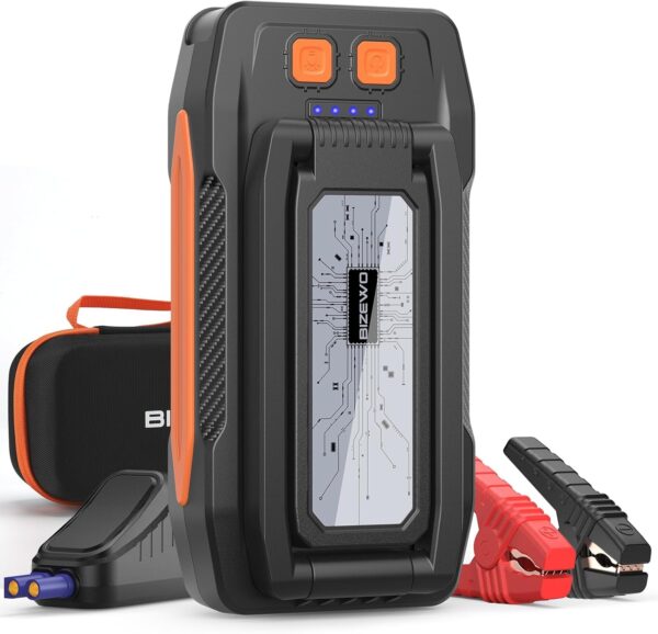 BIZEWO Car Battery Jump Starter 2000A Jump Box (8.0L Gas/6.5L Diesel) - Foldable Warning Triangle Portable Car Jump Starter - 12V Jumper Starter with Safety Jumper Cables, Fast Charge, Gifts for Men