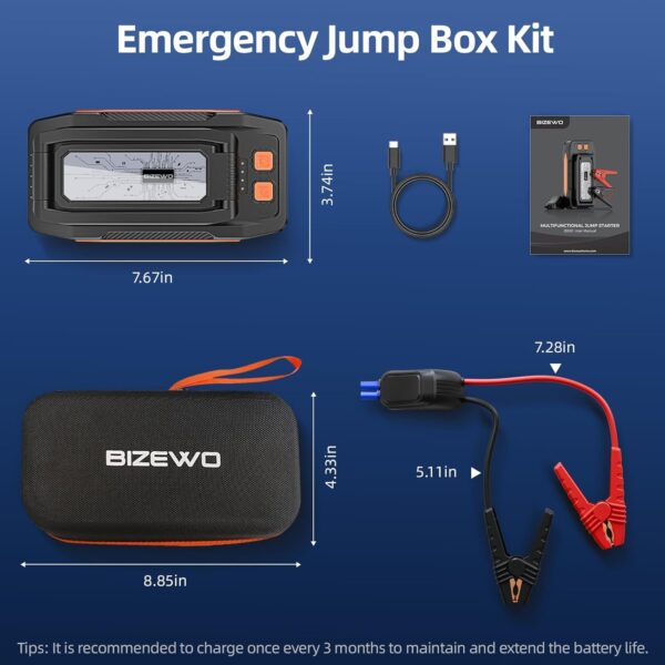 BIZEWO Car Battery Jump Starter 2000A Jump Box (8.0L Gas/6.5L Diesel) - Foldable Warning Triangle Portable Car Jump Starter - 12V Jumper Starter with Safety Jumper Cables, Fast Charge, Gifts for Men