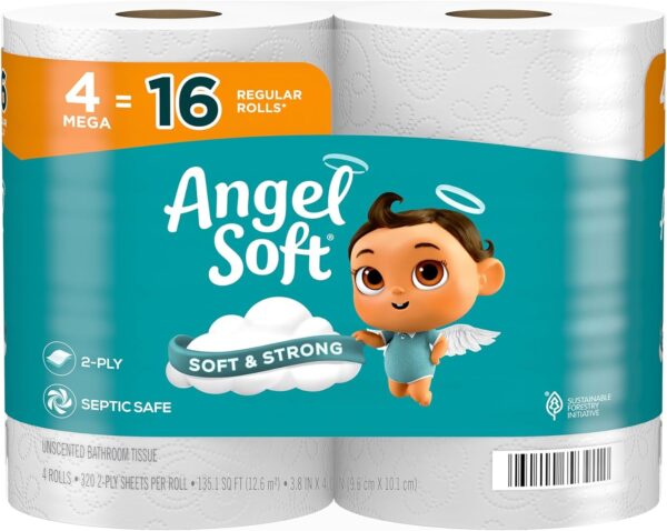 Angel Soft Toilet Paper, 4 Mega Rolls  16 Regular Rolls, Soft and Strong Toilet Tissue