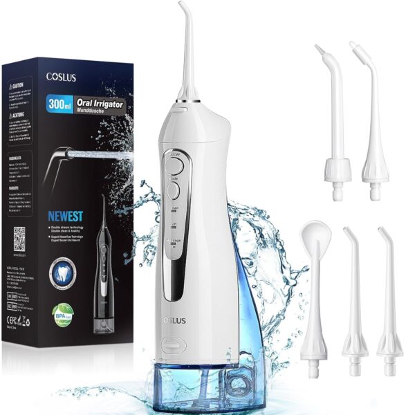 COSLUS Water Dental Flosser Teeth Pick: Portable Cordless Oral Irrigator 300ML Rechargeable Travel Irrigation Cleaner IPX7 Waterproof Electric Waterflosser Flossing Machine for Teeth Cleaning F5020E