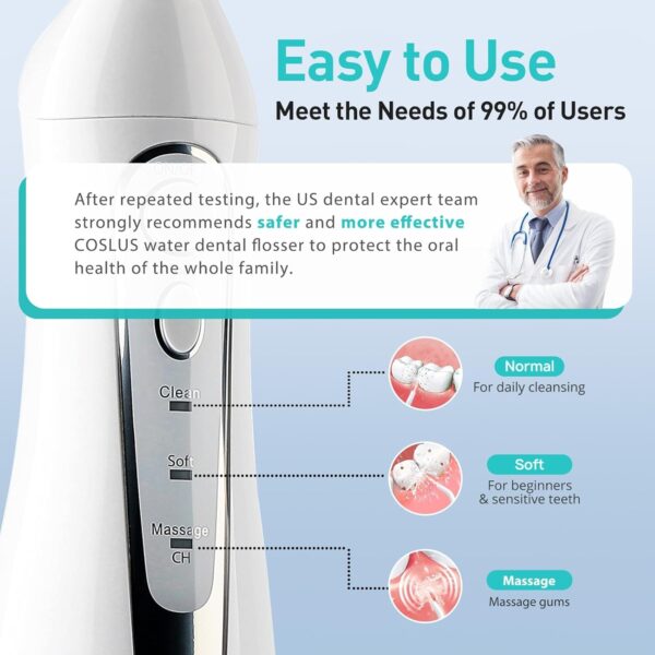 COSLUS Water Dental Flosser Teeth Pick: Portable Cordless Oral Irrigator 300ML Rechargeable Travel Irrigation Cleaner IPX7 Waterproof Electric Waterflosser Flossing Machine for Teeth Cleaning F5020E