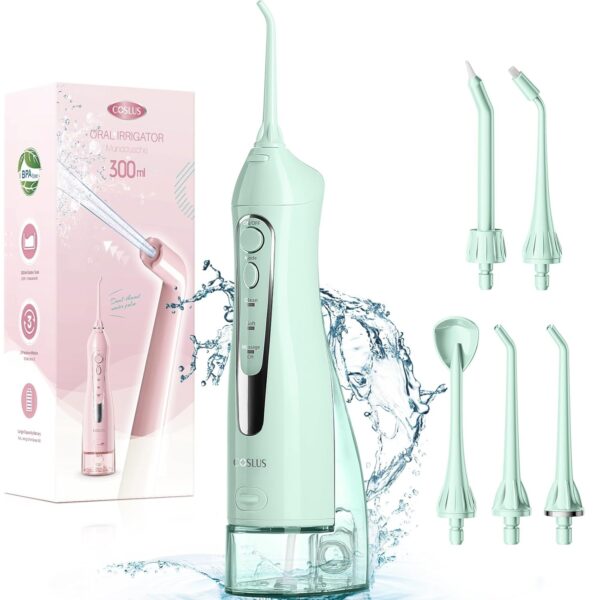 COSLUS Water Dental Flosser Teeth Pick: Portable Cordless Oral Irrigator 300ML Rechargeable Travel Irrigation Cleaner IPX7 Waterproof Electric Waterflosser Flossing Machine for Teeth Cleaning F5020E