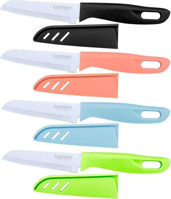 Upgraded 8 PCS Paring Knife Set-4 Knives 4 Cover, Kitchen Fruit Peeling Knifes German Stainless Steel 4 inch Small Sharp Slicing Cutting Vegetable with Sheath Wider Handle