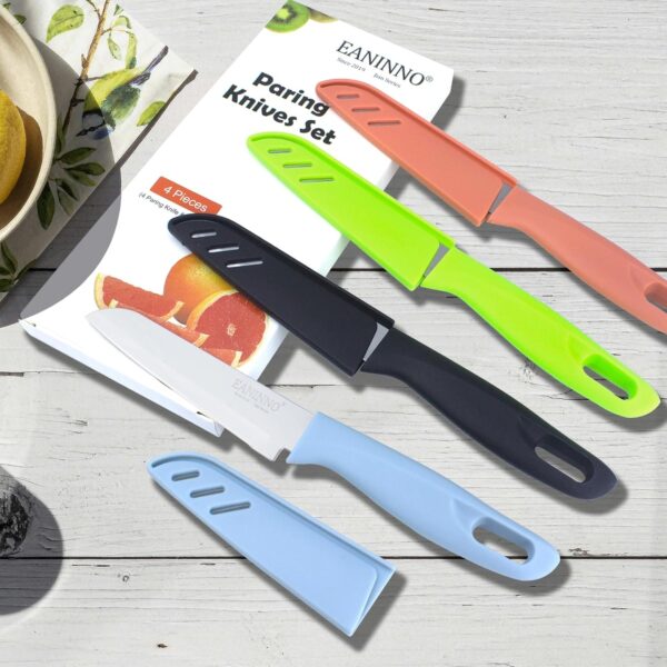 Upgraded 8 PCS Paring Knife Set-4 Knives 4 Cover, Kitchen Fruit Peeling Knifes German Stainless Steel 4 inch Small Sharp Slicing Cutting Vegetable with Sheath Wider Handle