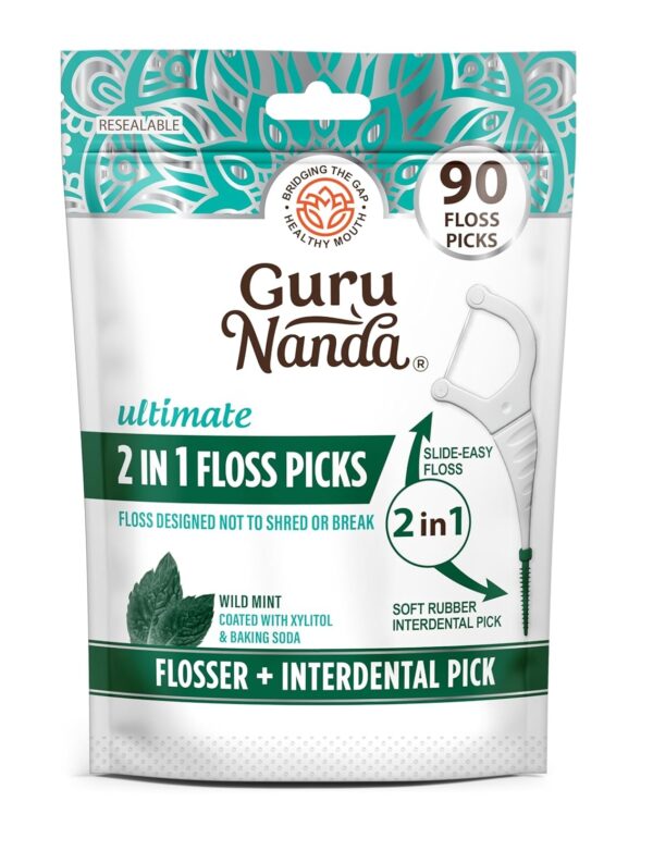 GuruNanda 2 in 1 Dental Floss Picks - Non-Slip Grip Handle, Slide Easy, No Break or Shred Flosser - Complete Oral Care with Interdental Pick for Healthy Teeth & Gums - Mint Flavor, 40 Count (1 Pack)