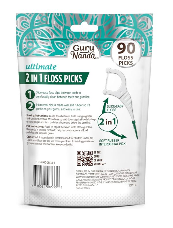 GuruNanda 2 in 1 Dental Floss Picks - Non-Slip Grip Handle, Slide Easy, No Break or Shred Flosser - Complete Oral Care with Interdental Pick for Healthy Teeth & Gums - Mint Flavor, 40 Count (1 Pack)