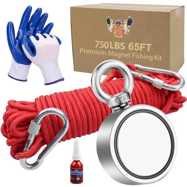 Magnet Fishing Kit, Fishing Magnets 760 LBS Pulling-Includes Grappling Hook, Heavy Duty 65FT Rope, Gloves & Locking Carabiner,Threadlocker - 2.36inch Diameter