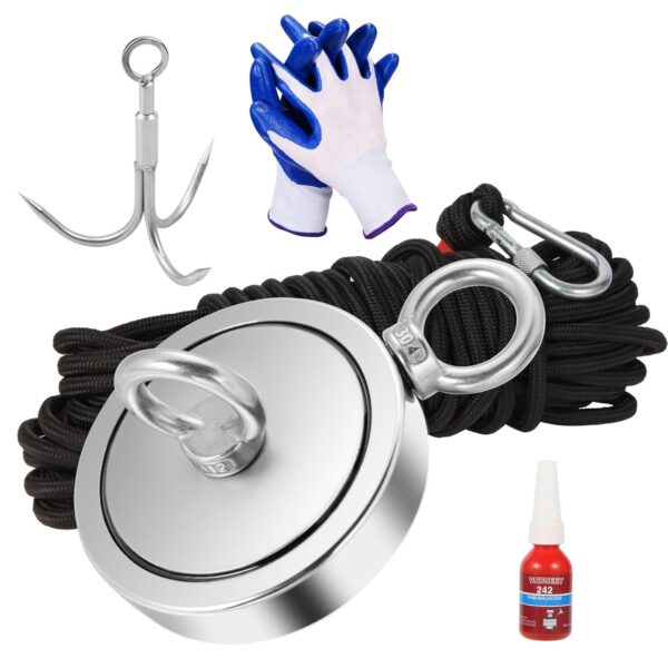 Magnet Fishing Kit, Fishing Magnets 760 LBS Pulling-Includes Grappling Hook, Heavy Duty 65FT Rope, Gloves & Locking Carabiner,Threadlocker - 2.36inch Diameter