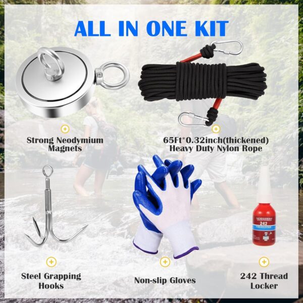 Magnet Fishing Kit, Fishing Magnets 760 LBS Pulling-Includes Grappling Hook, Heavy Duty 65FT Rope, Gloves & Locking Carabiner,Threadlocker - 2.36inch Diameter