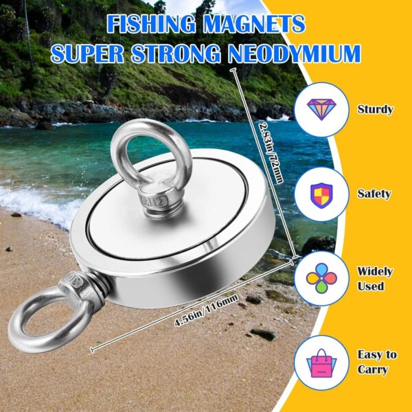 Magnet Fishing Kit, Fishing Magnets 760 LBS Pulling-Includes Grappling Hook, Heavy Duty 65FT Rope, Gloves & Locking Carabiner,Threadlocker - 2.36inch Diameter