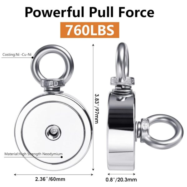 Magnet Fishing Kit, Fishing Magnets 760 LBS Pulling-Includes Grappling Hook, Heavy Duty 65FT Rope, Gloves & Locking Carabiner,Threadlocker - 2.36inch Diameter